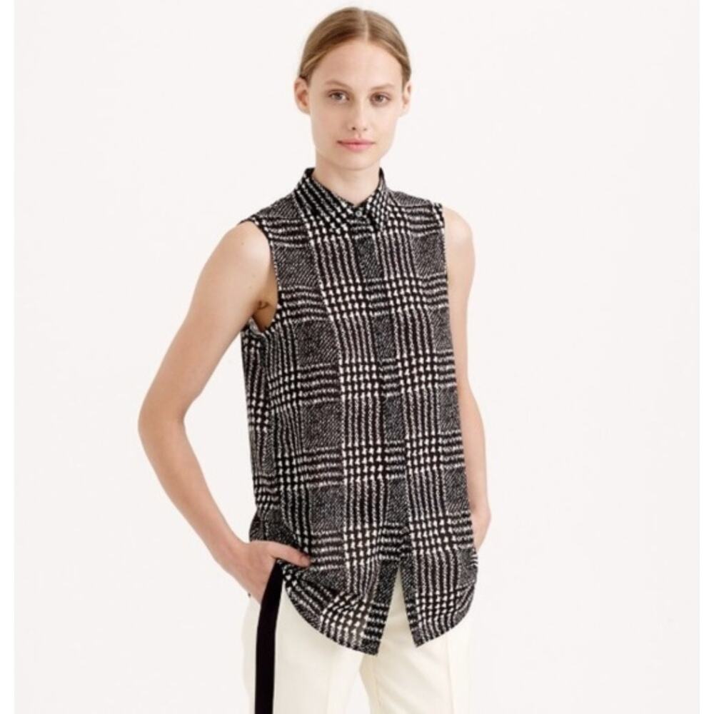J. Crew Sleeveless Blouse in Graphic Plaid Black B1147 Size 0